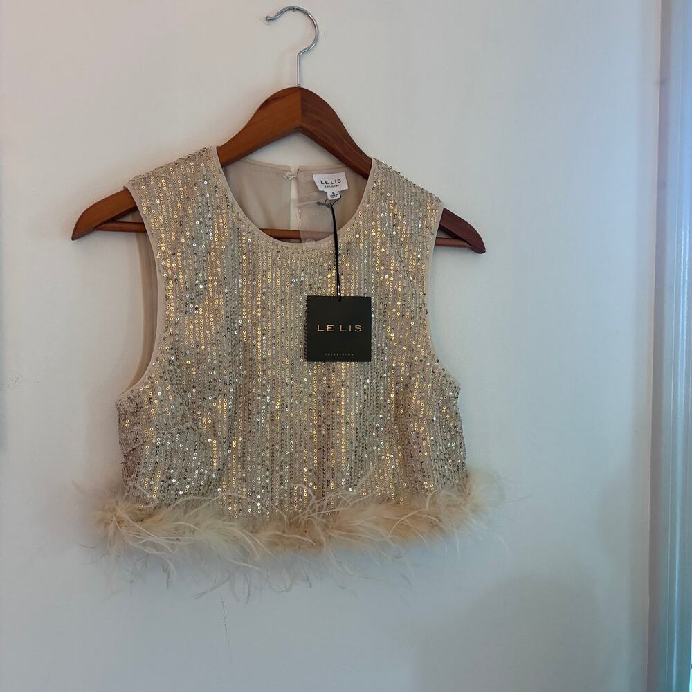 Le Lis Natalia Feather Trim Sequin Top NWT Small Glam Party Tank - Picture 10 of 14